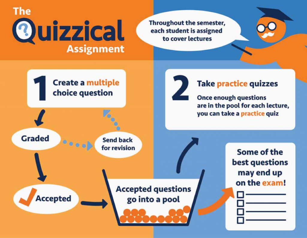 A Quizzical Assignment consists of creating a multiple choice question, and when accepted questions go into a pool, students can use them to take practice quiz.